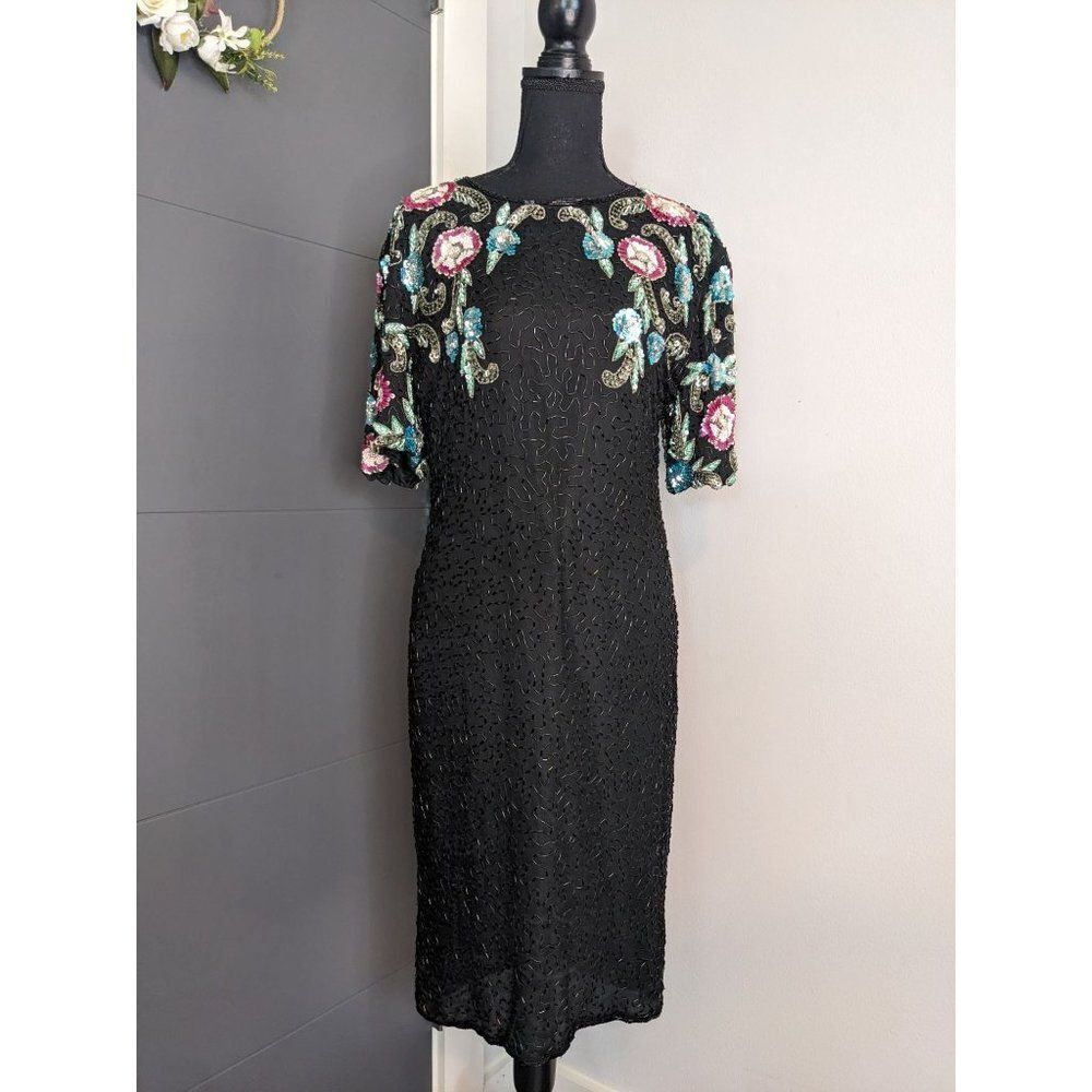Vintage‎ Patra Floral Beaded Evening Party Keyhole Cocktail Midi Dress